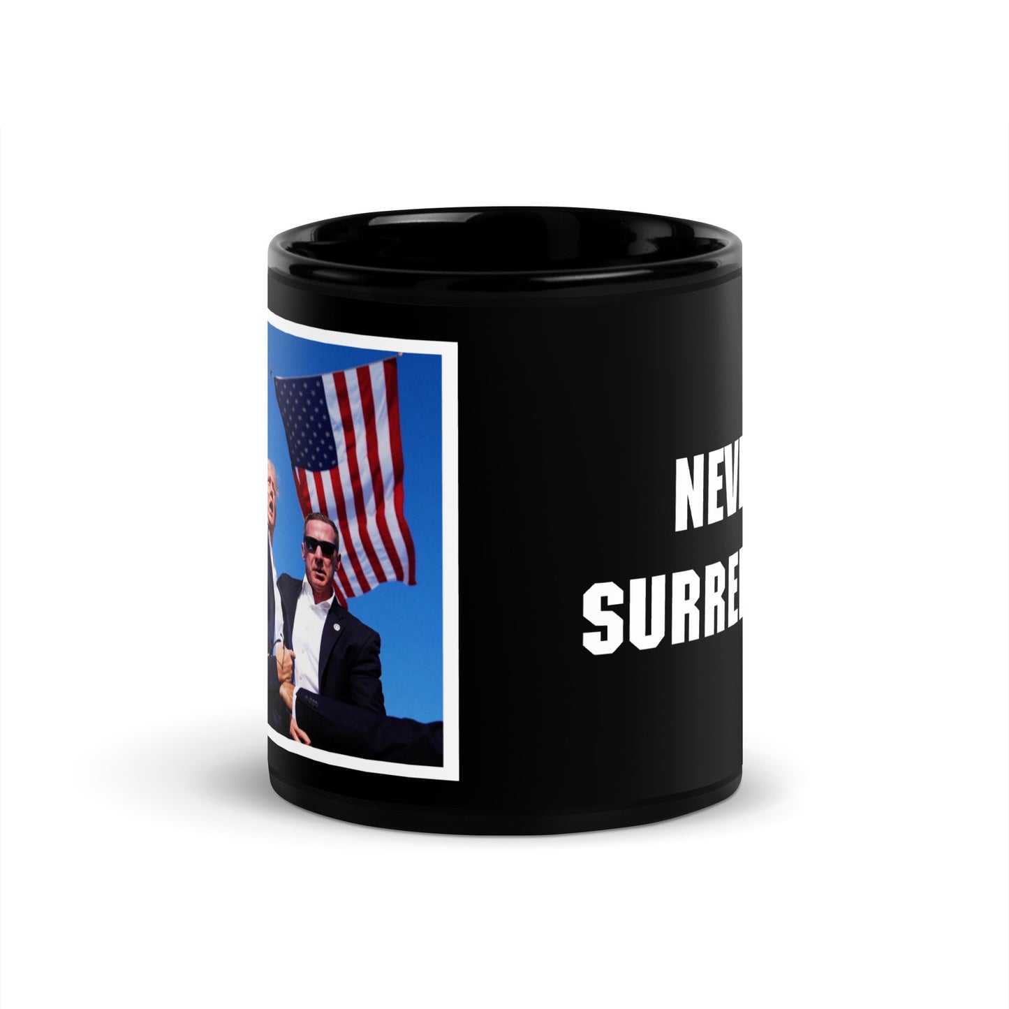 Trump Iconic Fight Image - Never Surrender Black Mug